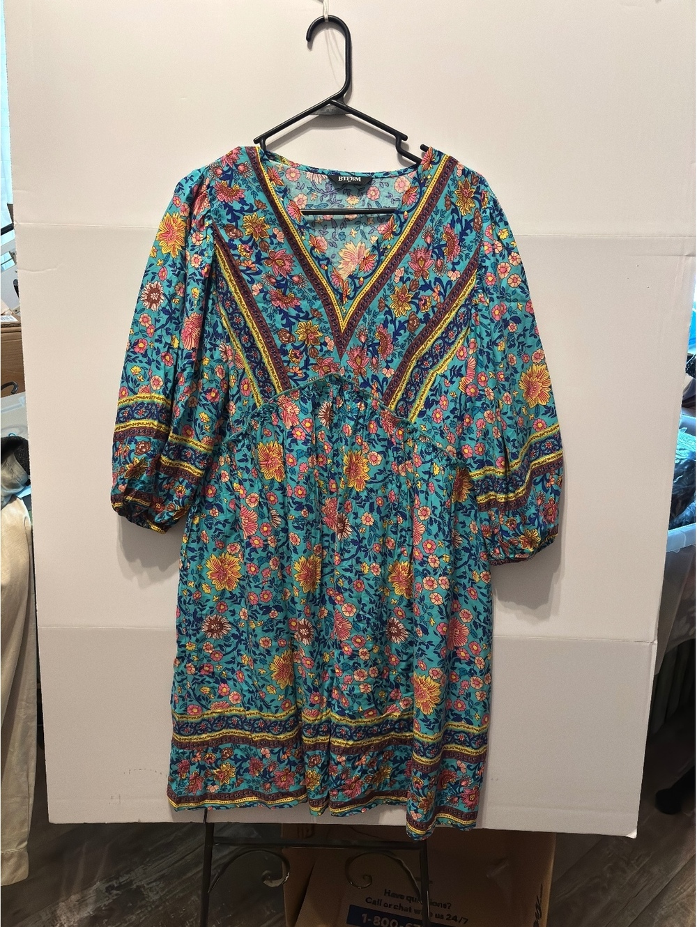 BTFBM Floral Boho Mini Dress Blue V Neck 3 4 Sleeve